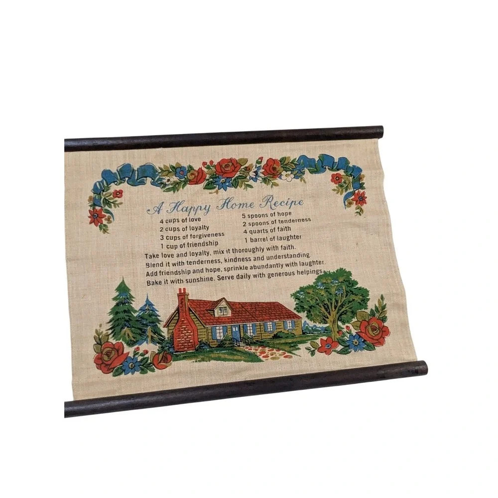 Vintage A Happy Home Recipe Linen Wall Hanging Wood Dowels Country Cottage Art‎
